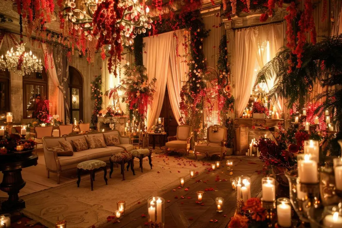 Feestzaal met kaarsen, gordijnen en rode bloemen